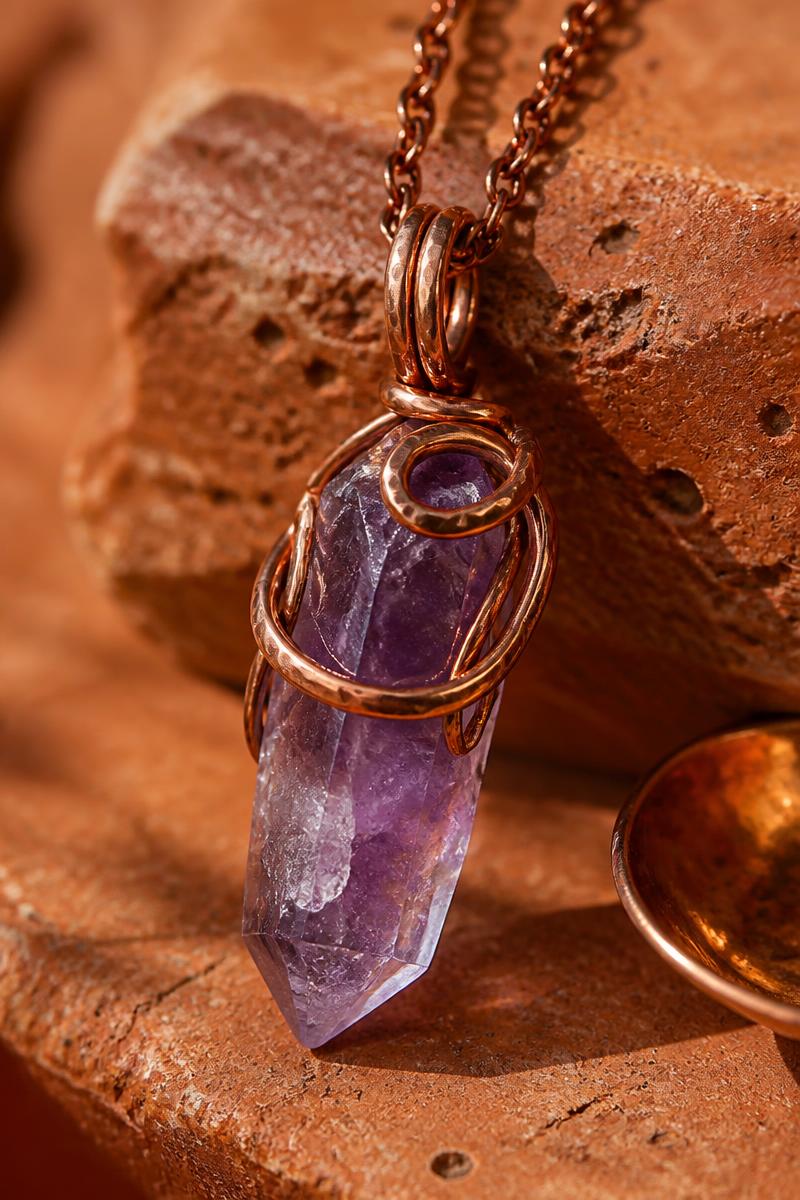 Raw amethyst point pendant wrapped in hammered copper wire on terracotta stone