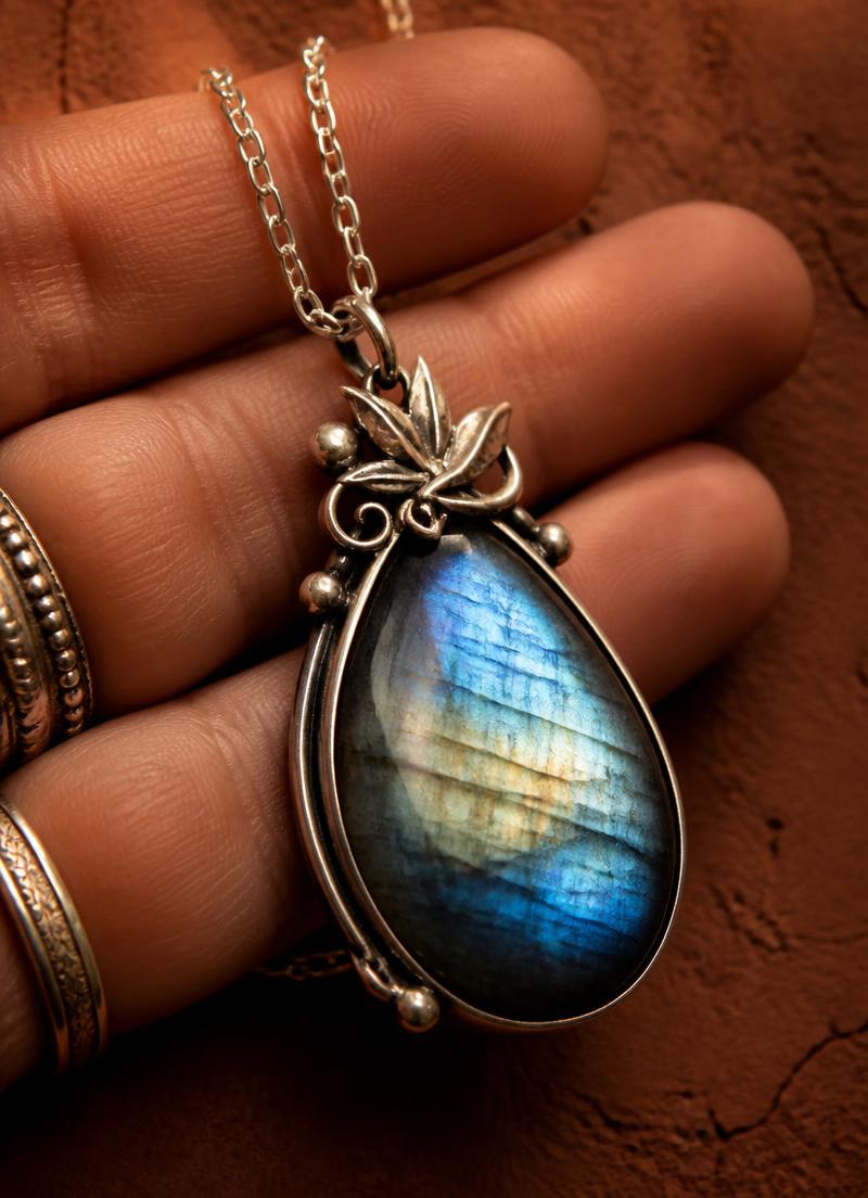 Hand holding a raw labradorite and sterling silver pendant catching the light